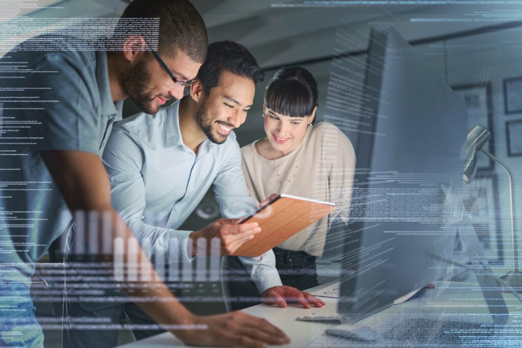 Business people, coding and information technology with computer screen and tablet, programming and software development. Code overlay, futuristic and collaboration, meeting with programmer team.